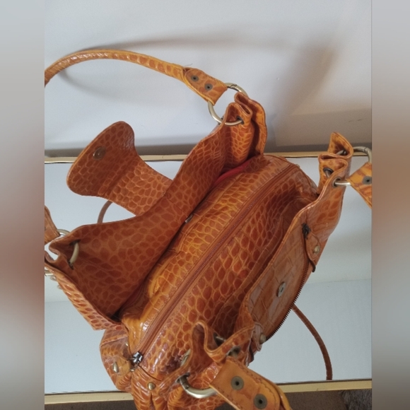 Michael Rome Hobo Leather Orange Crocodile-Embossed Handbag - Picture 9 of 14
